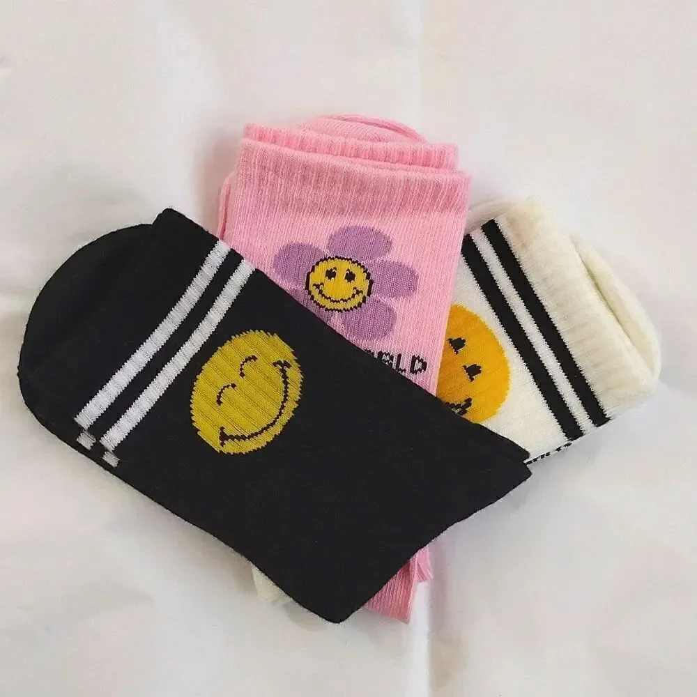 Smiley World 3‎ Pairs Girl's Crew Socks NWOT Pink White Black Girly Floral